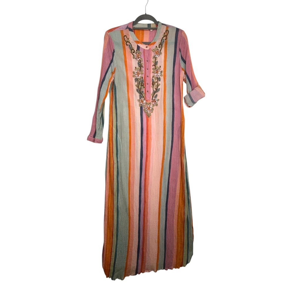 Soft Surroundings Maxi Dress L Rainbow Stripe Embroidered Boho Crinkle Gauze